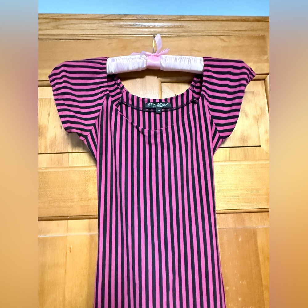 Vintage Y2K Betsey Johnson Hot Pink Black Stripe Midi Dress medium sexy - Picture 2 of 9